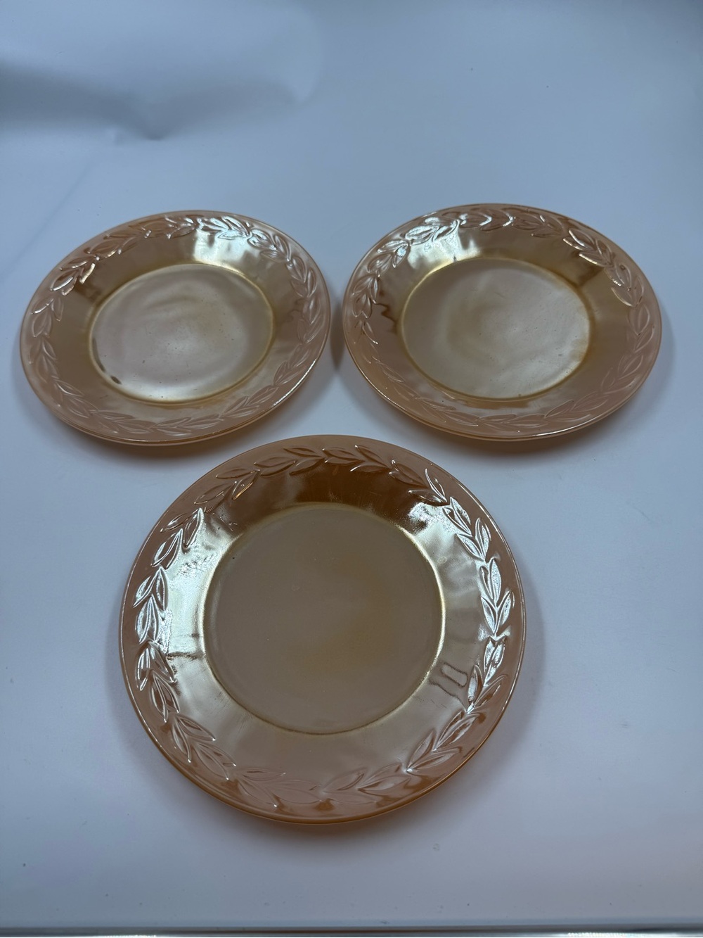 Vintage fire king peach lustreware laurel leaf dinner plate x 3